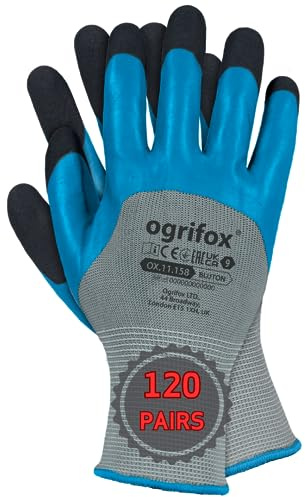 Ogrifox OX-BLUTON Latexhandschuhe, Schutzhandschuhe, Arbeitshandschuhe Ox.11.158, Grau-Blau-Schwarz, 7 Größe, 120 Paar