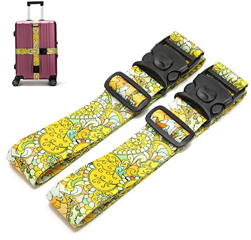 2 Stück Koffergurt, Kofferband Einstellbare, Personalisierter Gepäckgurt mit verschließbarer Schnalle für Koffer Gürtel Reisetasche (gelbe Blume)