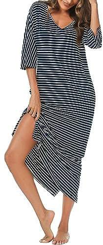 Uniexcosm Lång nattlinne för kvinnor nattlinnen 3/4-ärm bomull nattlinnen säckiga damer nattskjortor med fickor plus size sovklänning nattkläder myskläder S-XXL