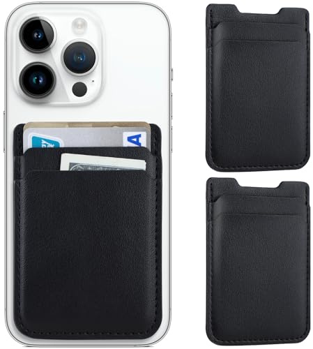 Fulgamo 2Pack Phone Wallet Stick on, Card Holder for Back of Phone Case, Leather Credit Card Holder for Cell Phone Sticky Wallet Double Pocket Sticker for iPhone, Android, Samsung-Black