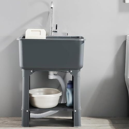 Lavandino per Lavanderia Indipendente in Plastica con Asse per Lavare, Lavandino per Interni ed Esterni Lavandini per Lavanderia con Rubinetto Stazione di Lavaggio,Grigio,60cm