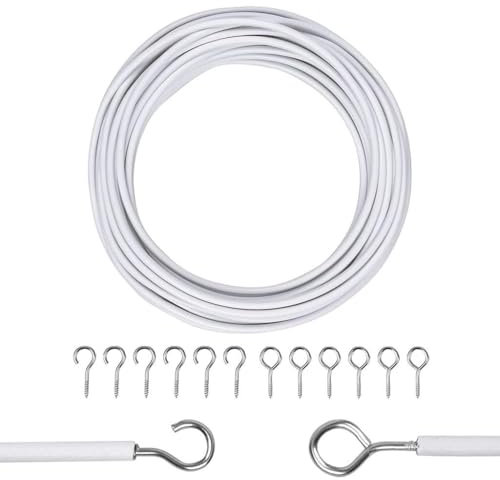 Zuvo Curtain Wire with Hooks and Eyes - Extra Strong 4 m Net Curtain Wire with 6 Hooks and Eyes - Perfect Curtain Wire Kit, White