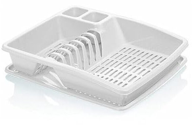 Optimal Products Plastic Large Kitchen Sink Dish Cutlery Plate Washing Up Bowls Holder Rack With Drip Tray Drainer (White)