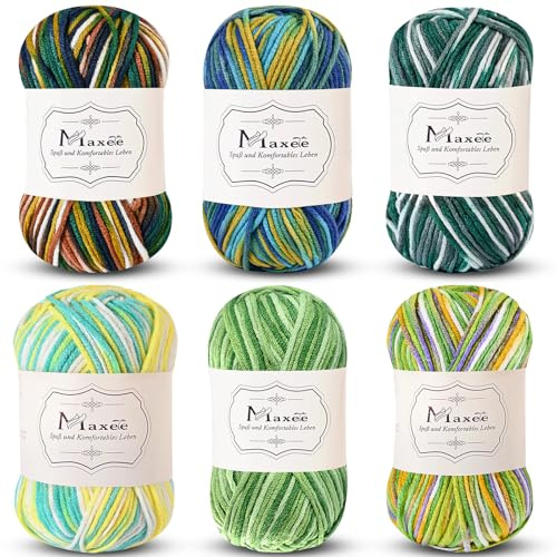 Maxee Handstickgarn, 6 x 50 g, virkgarn, färgglatt akrylgarn med färggradient, mjuk ull för stickning och virkning, flerfärgat garn för pyssel