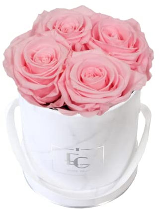 EG EMMIE GRAY Classic Infinity Rosebox | Round | XS | Marble Silver – 4 Infinity rosor med lång hållbarhet och riktiga rosor som blommar upp till 3 år, konserverade rosor (ridal rosa)
