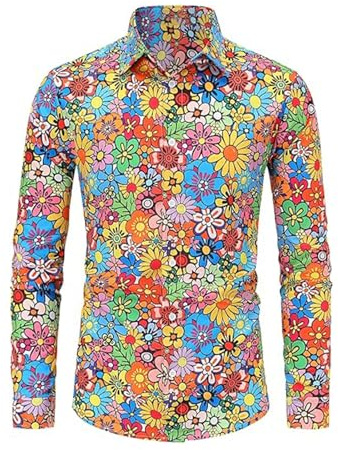 RUMAOZIA Chemise colorée pour homme à manches longues hippie des années 70 chemise florale arc-en-ciel rétro fleurs hawaïenne chemise décontractée chemise hawaïenne pour fête de la rue chemises