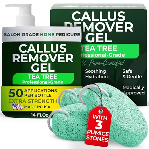 Callus Remover for Feet | Extra Strength Callus Remover Gel for Feet with Tea Tree Oil | Professional-Grade Pedicure Treatment | 50 Applications per Bottle, Includes 3 Pumice Stones | 14 fl oz
