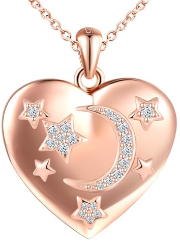 MICSAVI Collana Stella Luna Medaglione Portafoto in Argento 925 per Donne, Ciondolo Cuore con Zirconi, Catena 45+5cm Collana di Foto Personalizzata per Mamma Ragazze Fidanzata
