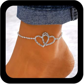 Wendalern Boho Tennis Cavigliera Per Le Donne Argento Strass Cavigliera Cuore Cavo Diamante Cz Doppio Cuore Tennis Caviglia Catena Estate Spiaggia Gioielli Piede