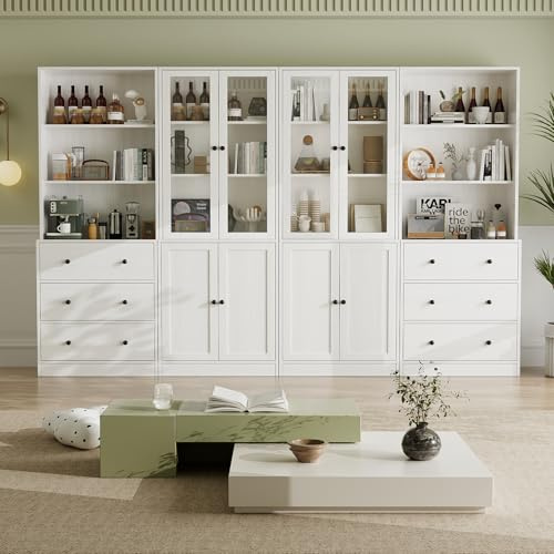 VOWNER Estantería con Puertas, 180 cm Vitrina de Cristal, Librería de 6 Niveles con Puertas y Armario, Vitrina Salón, Aparador Comedor, Aparador Cocina, Estantería Oficina, Baab (Blanco)