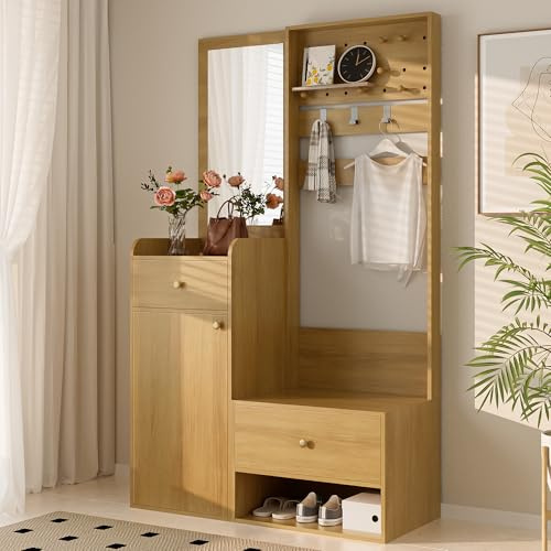 Bladez Perchero compacto con espejo, banco de madera, 105 cm, cajones y ganchos, armario para entrada y pasillo (madera)