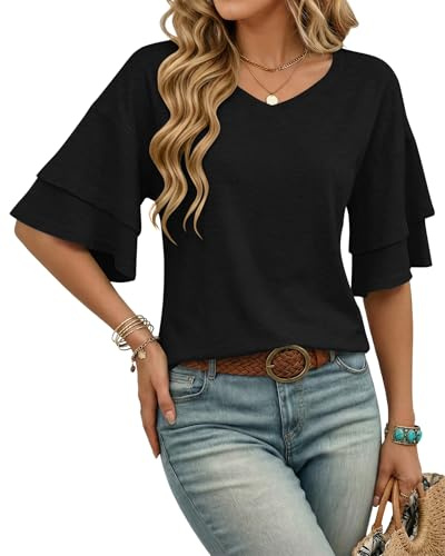 WNEEDU T Shirt Donna Collo a V Magliette Donna Manica Corta a Balze Estiva Blusa Elegante Casual Tunica Top Estivo Vacanza Mare Nero L