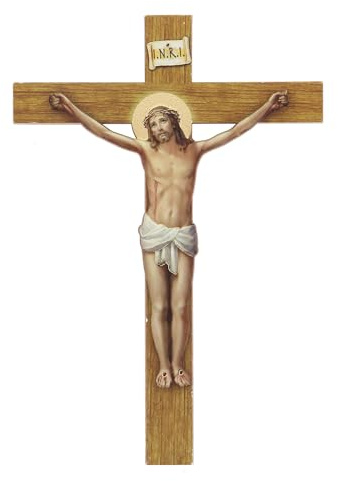 SHALOM - Crocifisso in Polimero Effetto Legno, Cristo in Rilievo. Altezza 21 Cm
