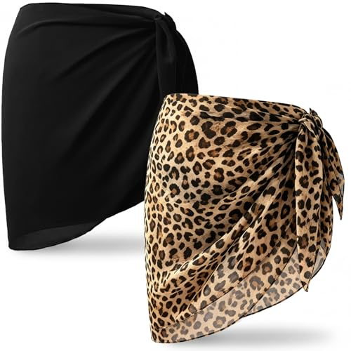 TIHNY 2-pack Sarong Strandkjol för Damer i Chiffong, Genomskinlig Bikinikjol för Badkläder, Svart & Leopardmönstrad