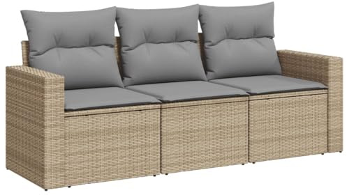 Qnhdfrt Set di 3 divani da giardino in polyrattan, set lounge modulare con comodi cuscini per terrazza e balcone, gruppo sedute con struttura in acciaio, beige-grigio chiaro