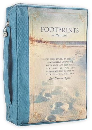 Footprints in The Sand Inspirational Poem Blue Poly Canvas Bible Cover for Women Extra Large Zippered Case for Bible or Book w/Handle