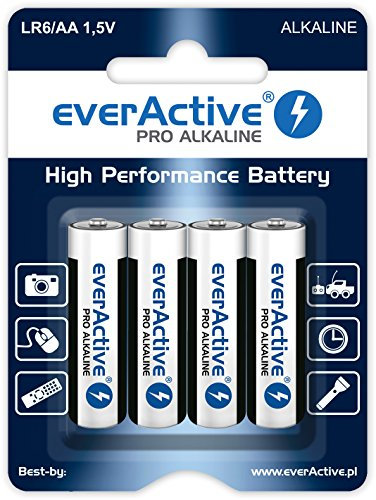 EverActive AA Batteries Pack of 4 Pro Alkaline Mignon LR6 R6 1.5 V Highest Performance 10 Year Shelf Life – 4 Pack – 1 Blister Card, Black/White