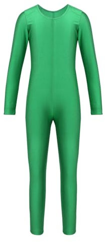Agoky Unisex Mädchen Jungen Basic Ganzkörperanzug Einteiler Schlafanzug Jumpsuit Kostüm Ballettanzug Overall Langarm Body Grün 110-116