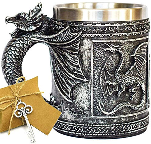 Medieval GOT Dragon D&D Game Mug of Thrones Merchandise Beer Steins Viking Tankard Stainless Coffee Cup Gift Mug for Dragon Collector, Themed Party Decoration