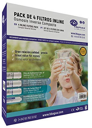 Kit da 4 filtri Inline 12 per impianti di osmosi inversa compatti. 1 filtro di edimenti, 1 carbone attivato, 1 carbone Block e 1 Post Filtro di carbone Coco. Bbagua