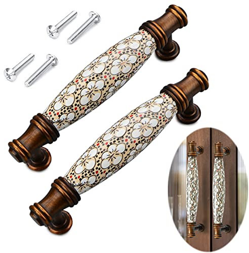 Vulevirtue 2 Stück Vintage Blumenmuster Schrankgriff, Zinklegierung und Keramik Griffe Türgriffe Schubladegriff Schrank Schublade Stoßgriff Möbelknöpfe, Bohrlochabstand 96mm