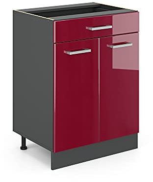 Vicco Küchenunterschrank R-Line, Bordeaux Hochglanz/Anthrazit, 60 cm mit Schublade, ohne Arbeitsplatte