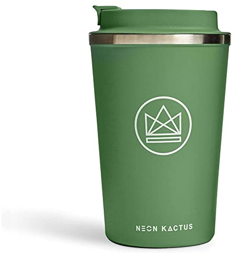 Neon Kactus Happy Camper- 355ml Doppelwandige Edelstahl Thermo-Kaffeetasse, Mehrweg Kaffee Thermobecher mit Schraub-Deckel, Isolierter Thermos Kaffeebecher To Go, Auslaufsicher, Recycelbar