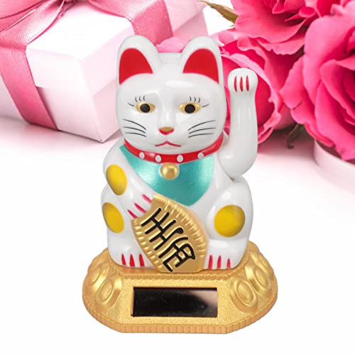 Tefola Decorazione cinese gatto fortunato, braccio ondeggiante gatto fortunato Fengshui, statuetta statua a induzione luce solare per ornamenti auto domestici(MLY360C White)