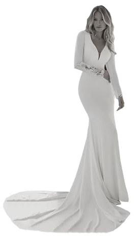 TSxuelian Abito da Sposa Sirena in Raso per Donna con Maniche Lunghe, Abito da Sposa Musulmano con Schiena Scoperta, A-Bianco, 38