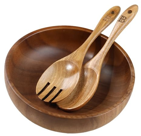Blessed Island UK Wooden Salad Bowl Set | Premium Quality Solid Acacia Wooden Bowl | Wood Salad Bowl |Cooking Utensil Cutlery Set