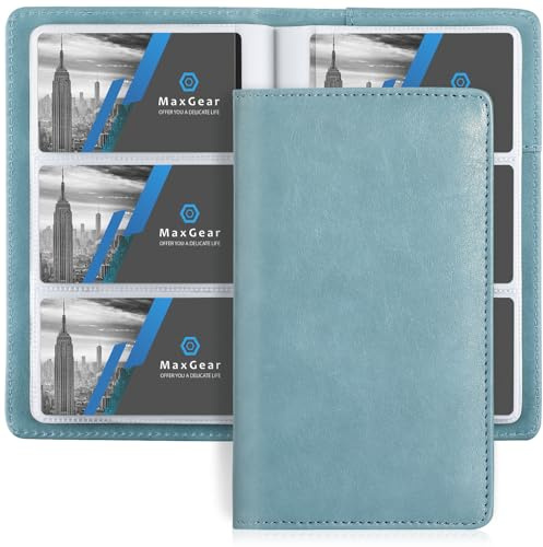 MaxGear Business Card Organizer Book, Holds 240 Cards, Portable PU Leather Business Card Holder with Clear Sleeves, Professional Card Binder for Office, Meetings, Networking, Gray Blue