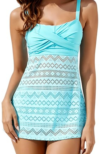 Ocean Plus Donna Elagant Pizzo Senza Schienale Due Pezzi Tankini Pancia Coprente Tankini Top Maglia Tinta Unita Costume da Bagno Moda (4XL (EU 46-48), Blu Cielo)