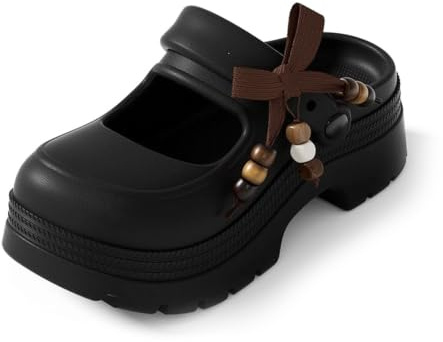 Sunporx Women's Platform Clogs Beaded Mary Jane Closed-Toe Thick-Soled Clog
