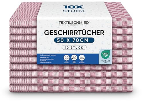 Textilschmied Premiun Geschirrtücher– 100% Baumwolle – 10er-Pack Spülhandtücher – 50x70cm – blau, grau, rot – Oeko-Tex Standard 100 zertf. – schadstofffrei – schnelltrocknend – stark saugfähig (Rot)
