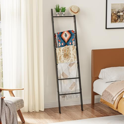 BAMBANG 6-Tier Blanket Ladder for Living Room, Blanket Quilt Ladder Rack Rustic Decorative Towel Holder, Wall Leaning Blanket Ladder Shelf Storage Farmhouse Decor for Bedroom Bathroom, Black