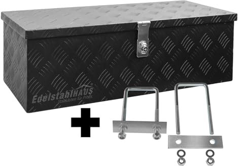 Truckbox DB055 Schwarz + inkl. Montagesatz MON4002 Deichselbox, Werkzeugbox, Alu Riffelblech, Transportbox, Alu Transportkiste, Anhängerkiste ca. 57 Liter