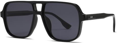 Long Keeper Lunettes de Soleil Femme Pilote Lunettes de Soleil Grande Carrés pour Femme Homme Lunettes Double Pont Pilote Vintage UV400 (Noir Monture - Lentilles Gris Foncé)