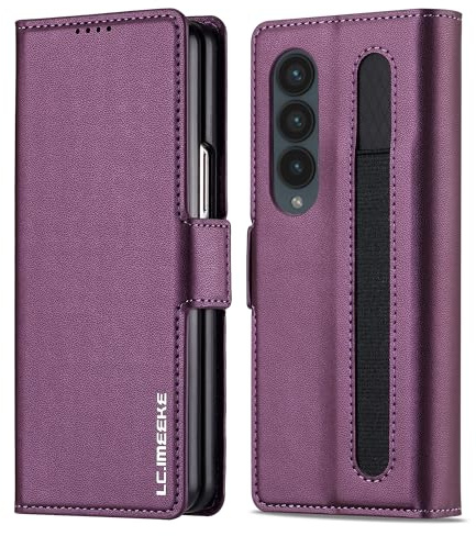 ZHOZEXIN Wallet Pu Leather Case for Samsung Galaxy Z Fold 3,Magnetic Closure Pu Leather with Pen Slot, Cash slot & Screen Protector Cover Case for Samsung Galaxy Z Fold 3 (Purple)
