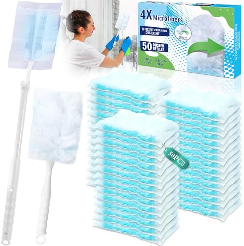BBLTIFF Plumero Atrapapolvo, 50 Piezas Recambios Magnéticos con 1 Barras Telescópicas y 1 Asas, Plumero Telescopico Extensible, Plumero Antiestático para Limpiar el Polvo, La Suciedad