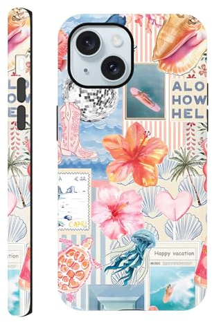 Yirlbey Skyddsfodral för iPhone 15, 6,1 tum, Aesthetic Summer, collage, blommor, teckningar, motiv, silikon, TPU, stöttåligt, bumper, telefonfodral för damer och flickor, snäckor