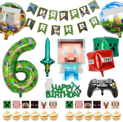 6th Gaming Birthday Decorations for Boys Girls Happy Birthday Banner Foil Balloons Miner Gaming Theme Party Supplies Decoration Miner Party Table Cake Topper for Kids Birthday Partys