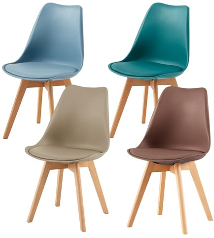 EGGREE Set di 4 Sedie da Sala da Pranzo con Gambe in Faggio Massiccio Cuscino in PU Sedie da Cucina Ufficio con Design Moderno e Scandinavo,Morandi Azzurro+Turchese+Kaki Chiaro+Marrone Cioccolato