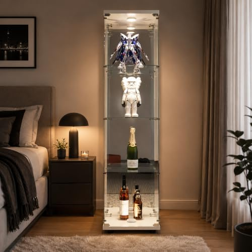 BRILVERDE Vetrina in Vetro con LED, 4 Ripiani, Ante con Serratura, Colonna Espositiva per Collezionisti, Libri, Bottiglie e Decorazioni, Mobile Trasparente (Bianco, 164x42,5x36,5 cm)