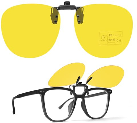 TEMSO Oversize Clip on Night Driving Glasses,Polarised Flip Up Anti Glare Driving Glasses for Men Women,Reduce Dizzling Headlights, Brighten and Clear Night Vision|Yellow Lens|60 * 53mm