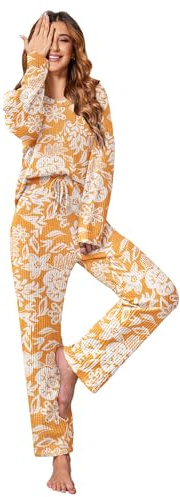 Ekouaer Waffle Knit Pajama Sets Comfy Lounge Sets Pj Sets Yellow Floral S