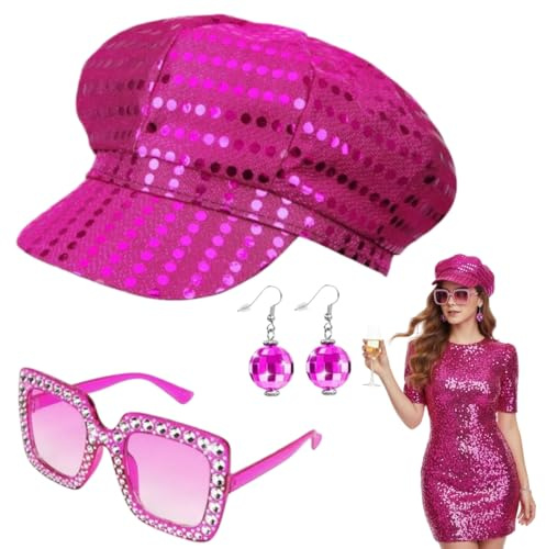 EYWILYWI 3 Set de Costume Disco des années 70,Chapeau à Paillettes, Lunettes Scintillantes, Boucles d'Oreilles, Accessoires Retro Abba pour femme, Parfait pour fêtes à thème (rose)