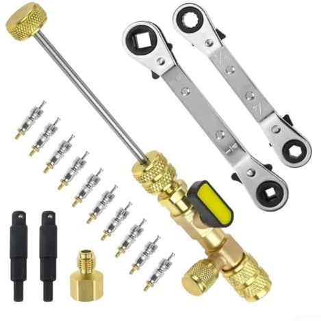 Herramienta de instalación de extracción de núcleo de válvula para sistemas HVAC con adaptadores de broca hexagonal, tamaños SAE /4 y 5/16, construcción resistente al latón, incluye llaves de servicio