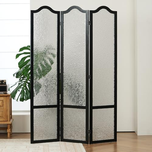 JOSTYLE Acrylic Room Divider, Folding Privacy Screen for Office & Loft, 3-Panel Modern Room Partition, Frosted Glass Like, Black Wood Frame, 67 H x 47.2 W