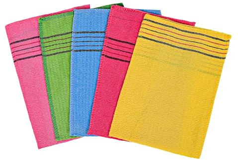 5x Asian Exfoliating Mitts – 5 Pack Korean Italy Towel Body Scrub Gloves for Deep Exfoliation & Dead Skin Removal, Shower & Spa Bath Mitt Set (Red, Pink, Yellow, Green, Blue)