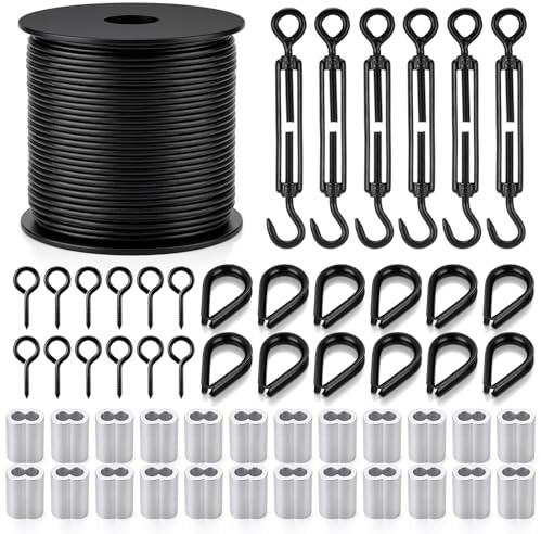 Shimeyao 6 Pack Black Turnbuckle Wire Tensioner Kit, 100ft 1/16 Vinyl Coated 304 Stainless Steel Cable with M5 Turnbuckles for Outdoor String Light Hanging, Garden Trellis, Curtain (Eye and Hook)